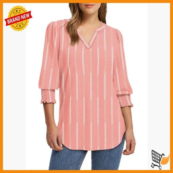 Women's 3/4 Sleeve V-Neck Blouse with Smocked Cuffs, Dressy Casual Top - Picture 3 of 7